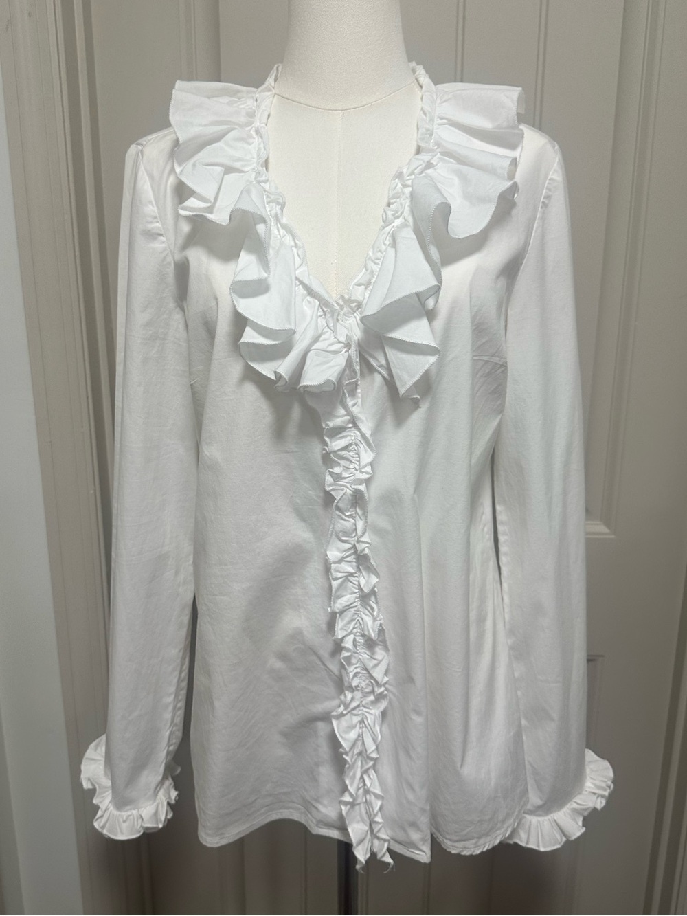 Tory Burch White Ruffle-Trim Long Sleeve Blouse